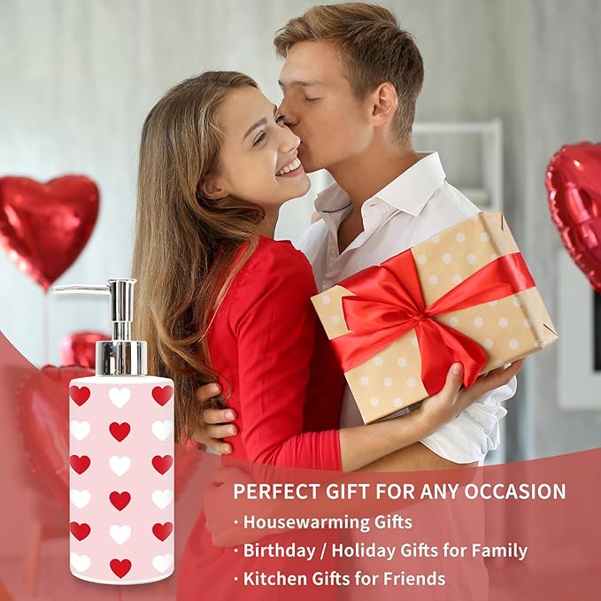 JarThenaAMCS Valentine's Day Soap Dispenser Glass Dispenser with Pump Refillable Pink Red White Heart Liquid Soap Container for Kitchen Bathroom Countertop Decor