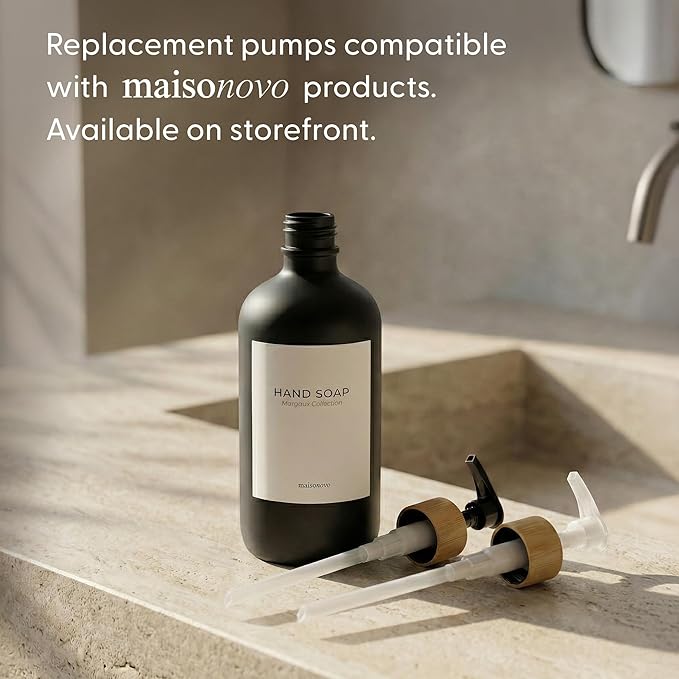MaisoNovo Glass Hand Soap Dispenser | Dish Soap Dispenser for Kitchen | 16.9oz Black Bottles with Black Bamboo Pump | Bathroom Lotion Dispenser