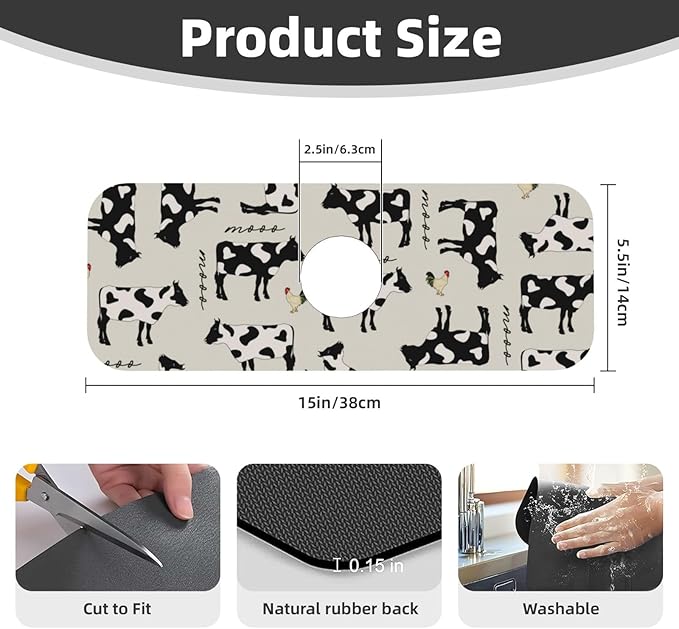 Faucet Draining Mat For Kitchen Sink, Cute Farm Cows Diatom Mud Absorbent Drain Pad For Bathroom Kitchen Sink Splash Guard Drying Mat