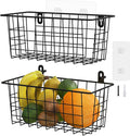 MaraFansie Hanging Kitchen Baskets Wire Storage Basket Adhesive and Screws Basket Over the Cabinet Door Organizer with Adhesive Strips and Screws Accessories, 2 Pack, Black