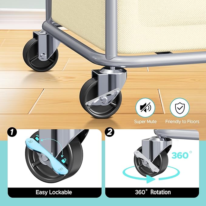 JYPS Laundry Basket With Wheels, 150L Large Rolling Hamper W/Metal Frame & Removable Bag, Waterproof Oxford Fabric, 2 Side Bags, Dirty Clothes Storage Cart For Laundry Room, Dorm, Bedroom, Bathroom