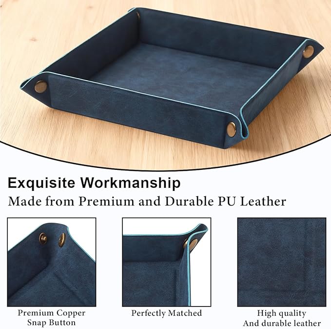 WAYIFON Valet Tray Desktop Storage Organizer – Premium PU Leather Catchall Bedside Vanity Tray Nightstand Caddy Holder for Remote Controller, Keys, Phone, Wallet, Coin, Jewelry,Blue