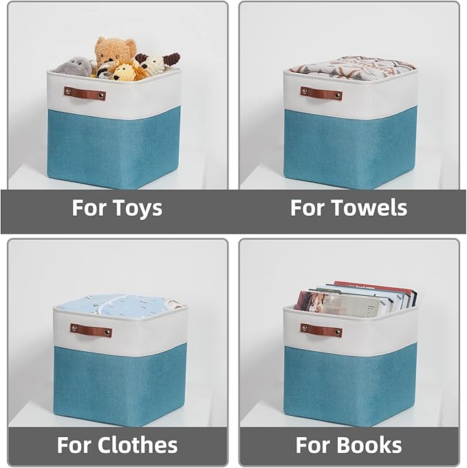 HNZIGE Cube Storage Basket(4 Pack) Collapsible Baskets for Shelves,Dog Toys,Book,12x12 Fabric Storage Cube Bins Set for Room,Office,Closet(White&Teal)