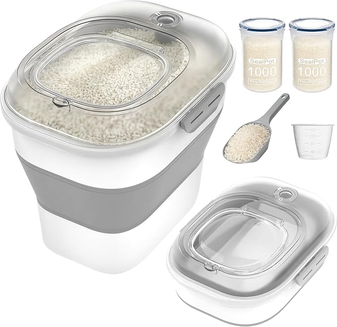 20-50Lbs Rice Container,Collapsible Food Storage Containers with Clear Airtight Lid,Wheels,Date Track,Rice Storage Container with 2PCS Containers and Scoop,Rice Dispenser for Flour Sugar Grain Dog Cat