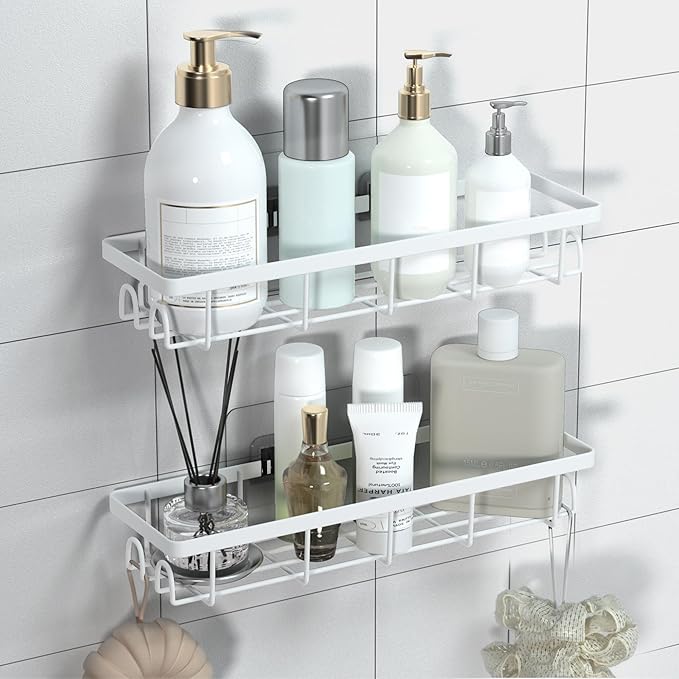 Uninol Shower Caddy Organizer with Hooks,Self Adhesive Bathroom Shelves,No Drilling Bathroom Organizers and Storage,Perfect for RV, Apartment, Home Decor,2 Pack White