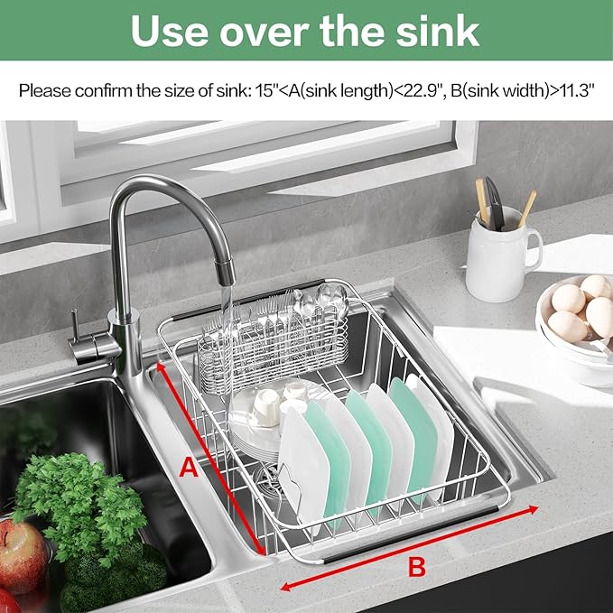 Large Dish Drainer Rack in Sink Adjustable, Expandable 304 Stainless Steel Metal Dish Drying Rack Organizer with Stainless Steel Utensil Holder Over Inside Sink Counter, Rustproof