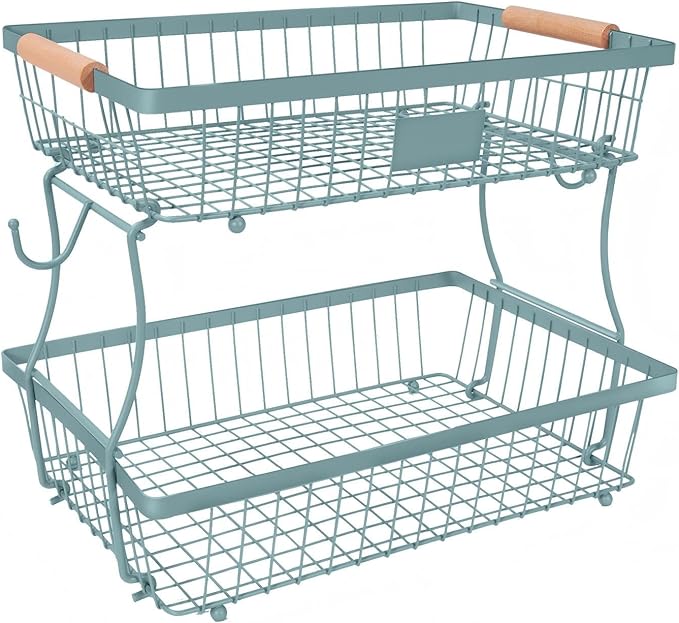 Fruit Basket Bowl 2 Tier Detachable with 2 Banana Hangers, Fruit Stand Holder for Kitchen Countertop, Metal Wire Vegetable Storage Organizer, for Bread Snack Veggies Produce, blue