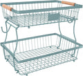 Fruit Basket Bowl 2 Tier Detachable with 2 Banana Hangers, Fruit Stand Holder for Kitchen Countertop, Metal Wire Vegetable Storage Organizer, for Bread Snack Veggies Produce, blue