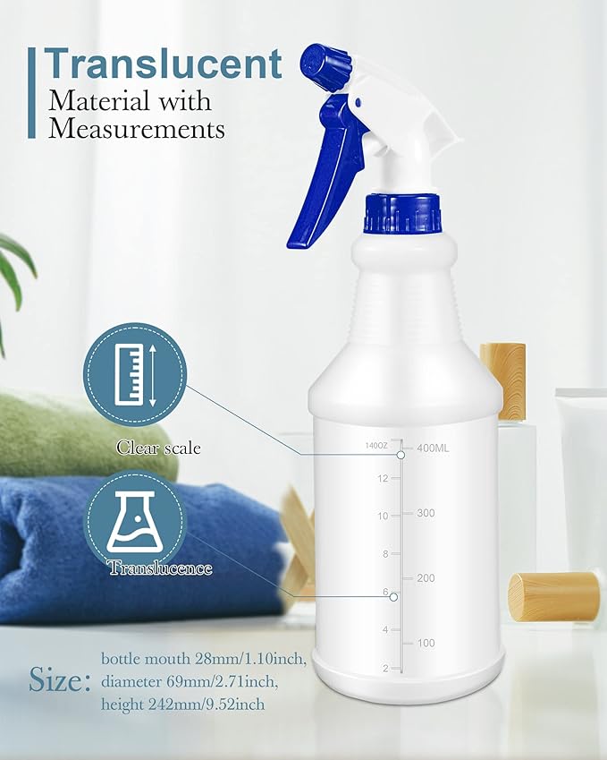 Eccliy 20 Pack 16oz Empty Spray Bottles, Leakproof Cleaning Bottles with Measurement and Adjustable Nozzle for Housekeeping, Commercial Use(Cylinder,Blue Spray Head)