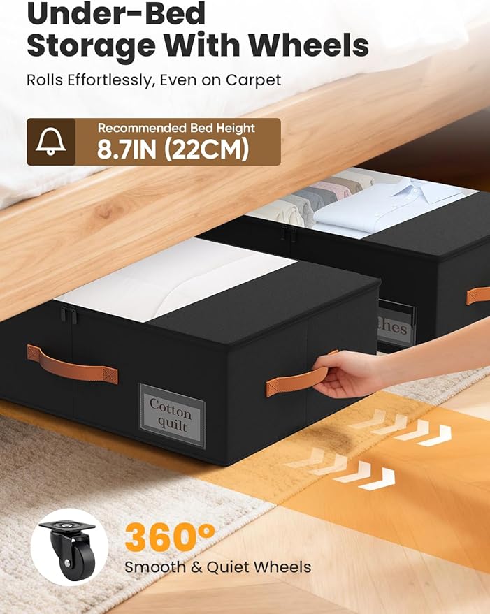 TOSKING 2-Pack Under Bed Storage with Wheels and 4 Vacuum Seal Bags,7.9 Inch 47L Clear Lid Organizer, Space Saving for Bedding Blankets Clothes ShoesToys, Quick Assembly, Black