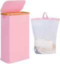 65L Slim Laundry Hamper, Narrow Laundry Basket with Lid,Foldable Clothes Hamper with Bamboo Handles,Hamper Basket with Removable Inner Bag for Laundry Room Bedroom College Dorm,17.17 Gals Pink