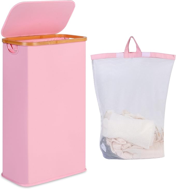 65L Slim Laundry Hamper, Narrow Laundry Basket with Lid,Foldable Clothes Hamper with Bamboo Handles,Hamper Basket with Removable Inner Bag for Laundry Room Bedroom College Dorm,17.17 Gals Pink