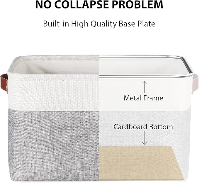 Univivi 15 inch Large Storage Baskets 4PC Gray Hard Bottom Foldable Storage Bins with PU Handles for Shelf Rectangle Fabric Baskets for Organizing (15”X10.5”X9.5”)
