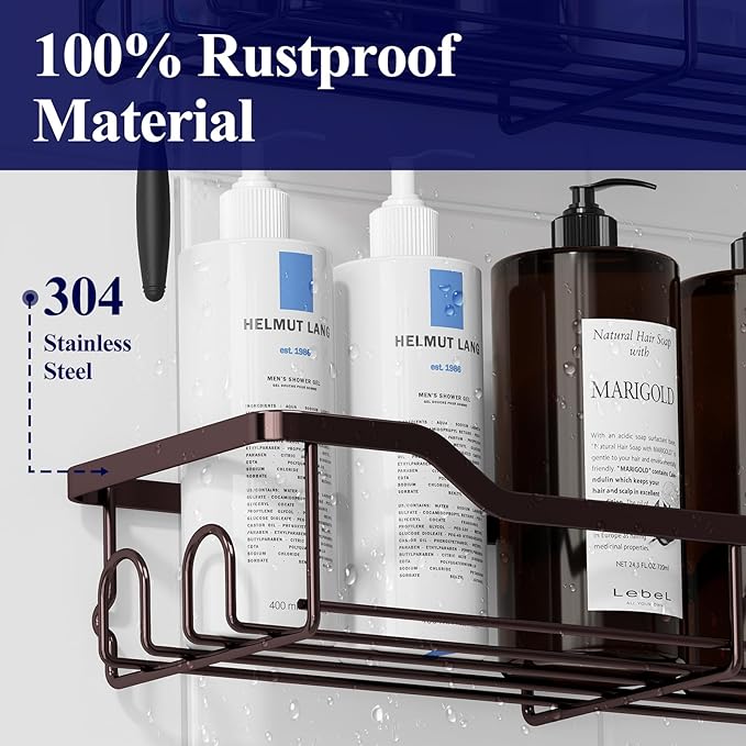 Kitsure Shower Caddy Large - Adhesive Shower Organizer, Stainless Steel Shelf for Inside Shower, No Drill Bathroom Organizers and Storage, Home Decor Accessories, 2 Pack, Brown