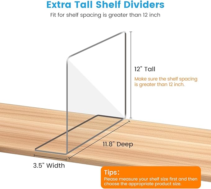 OKPOW Shelf Dividers Closet Organizer - 12" Tall X 11.8" Deep Acrylic Clear Sturdy Separate for Clothes Purse - Adjustable Space Saver Easy Install for Home Organization Enthusiasts 4 Pack