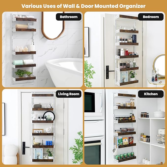 Over-The-Door Organizer – 6-Tier Wooden Pantry Storage Shelf with 12 Hooks, Wall-Mount or Hanging Spice Rack for Kitchen, Bathroom, or Closet