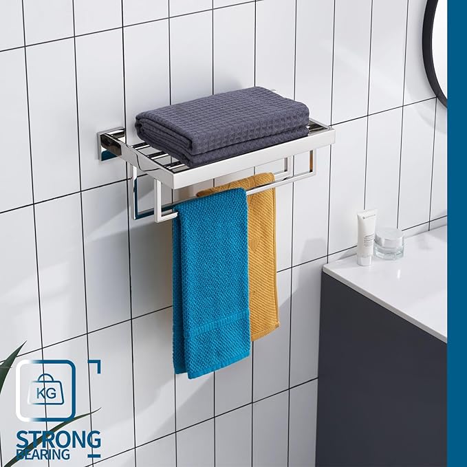 KOKOSIRI Bathroom Towel Shelf 16'' Chrome Towel Rack with Two Bath Towel Bars SUS304 Stainless Steel Wall Mounted, Polished Finish B6003CH-L16