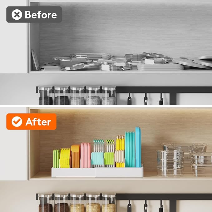 Lifewit Kitchen Cabinet Organizer for Food Contanier Lid, Large 9.8-17" Expandable Lids Holder with 8 Adjustable Dividers & 9 Sections for Pantry Organizers and Storage, Home Drawer Organization