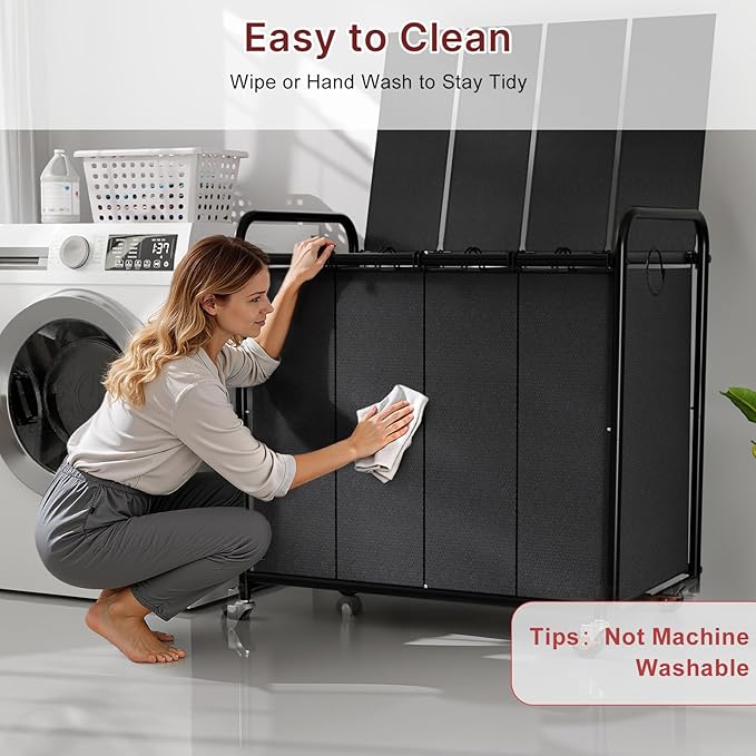 4-Compartment Laundry Cart with Lockable Wheels & Lid 180L Large Wheeled Laundry Basket Heavy-Duty Sorting Organizer for Laundry Room (Black)