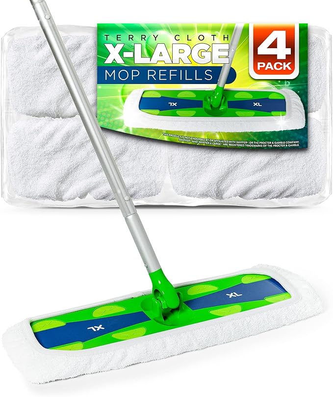 VanDuck Extra Large Cotton Mop Pads Compatible with Swiffer XL Mop - X-Large Wet and Dry Pads Refill, 4-Pack (Handle is Not Included)