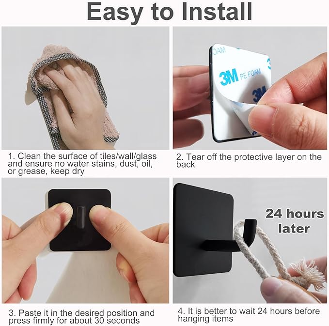 Bathroom Towel Hooks Drill Free Adhesive Hooks for Hanging, Waterproof, Removable, Stainless Steel Heavy Duty Sticky Hook, 8 Pack