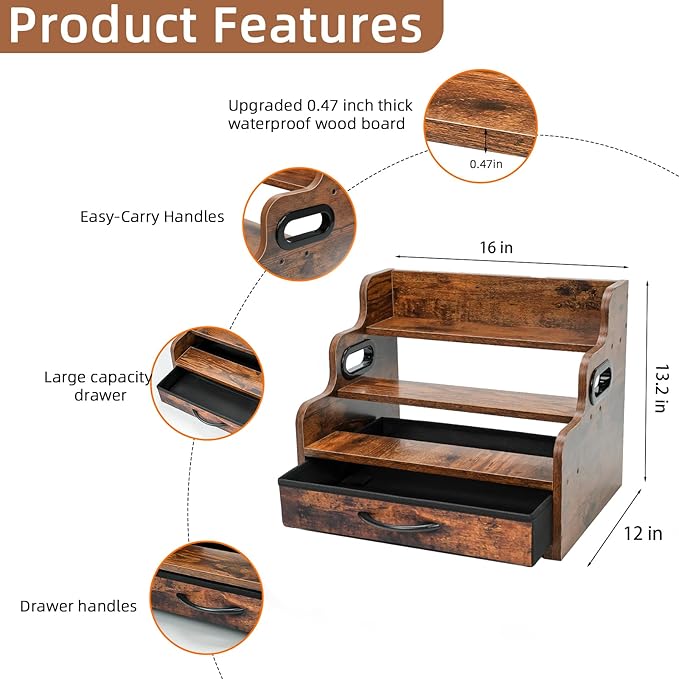 Liquor Bottle Display Shelf 3 Floors with Drawers Countertop Wine Rack can Accommodate 12 Bottles and 36 K Cups, Minibar Coffee Syrup Storage Box, Whiskey