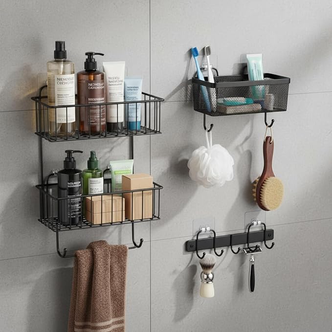 Novabright 40 Pack Shower Caddy Adhesive Replacement Transparent Strong Adhesive Hooks No Drilling Waterproof Strips for Kitchen Racks Soap Holder Bathroom Storage Shelves Corner Shelf Basket, 4 Sizes