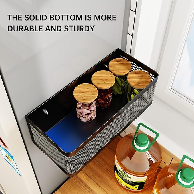 Heavy Duty Spice Rack Wall Mount - 2-Tier Metal Hanging Storage Baskets with Adhesive & Screw Options, Space Saving Spice Organizer for Kitchen, Pantry, Bathroom (2 Pack, Black)