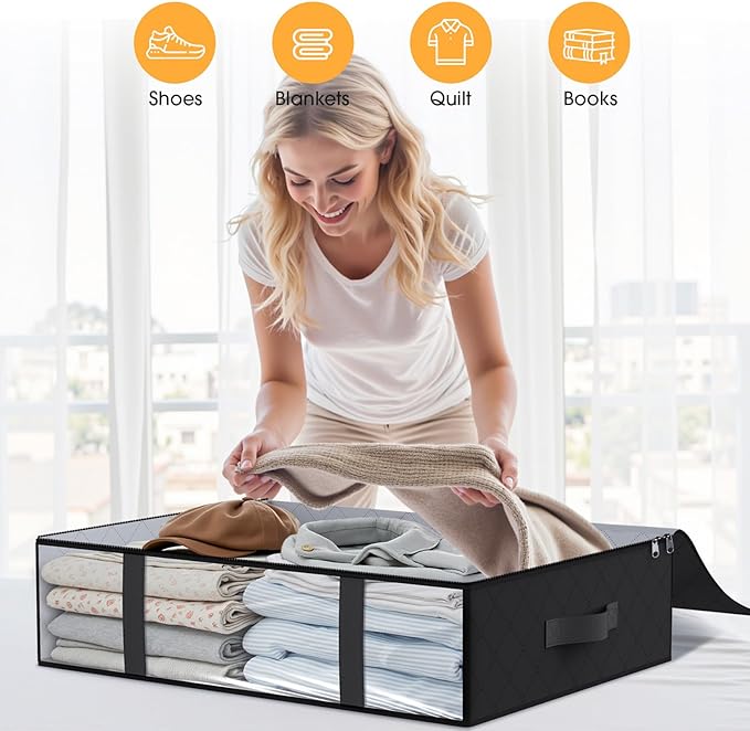 StorageRight Under Bed Storage Bins, 4-Pack 40L Foldable Fabric Storage Bags with Transparent Window, Breathable Organizer for Clothes/Blanket/Comforter/Quiltr, Black