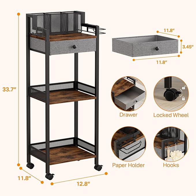 Bathroom Storage Organizers with Drawer, 3 Tier Metal Rolling Standing Unit with Toilet Paper Holder, Multifunctional Floor Corner Rack for Cosmetic, Dryer Curling Irons 12.8in Wide Black