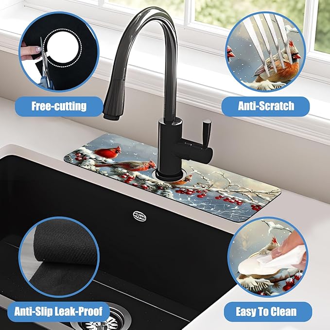 Chrismas Sink Splash Guard Faucet Mat Welcome Winter Absorbent Fast Drying Mat Sink Gadgets Splash Guard Behind Faucet Drip Catcher for Kitchen Bathroom 15.5"X5.5"