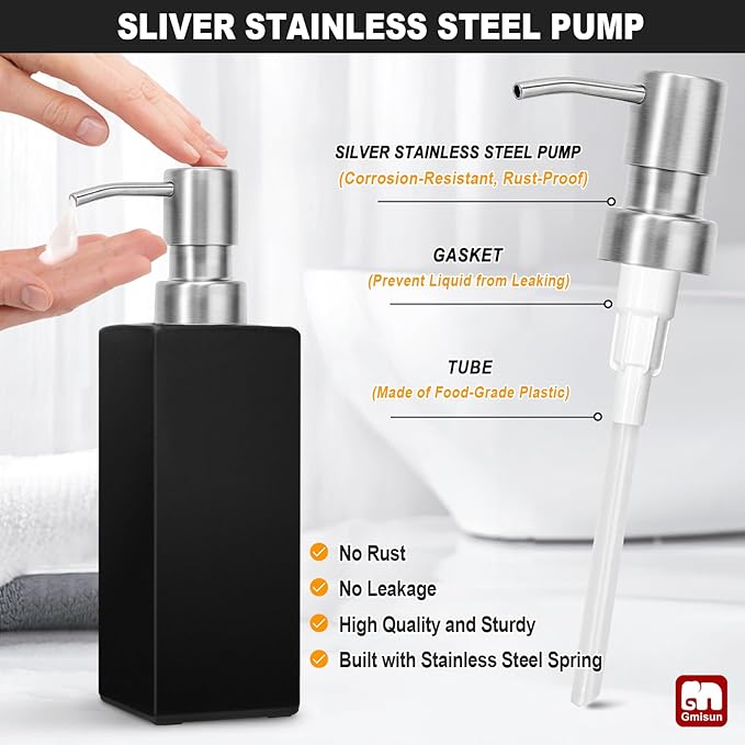 GMISUN Black Soap Dispenser Bathroom, Glass Hand Soap Dispenser with Stainless Steel Pump, 12 fl oz/350ml Refillable Dish Dispensers for Kitchen, Modern Liquid Lotion Bottles for Bathroom Countertop