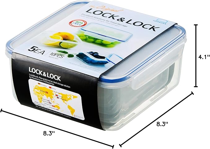 LOCK & LOCK Easy Essentials Food Storage lids/Airtight containers, BPA Free, 10 Piece - Square, Clear (Pack of 3)