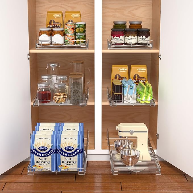 DINDON Pull Out Cabinet Organizer, (11" W x 21" D) Heavy-Duty Metal Sliding Drawer Shelf, Bathroom Under Sink Kitchen Cabinets Organizer and Storage Slide Out Shelves, Chrome, 1 Tier, 2 Pack
