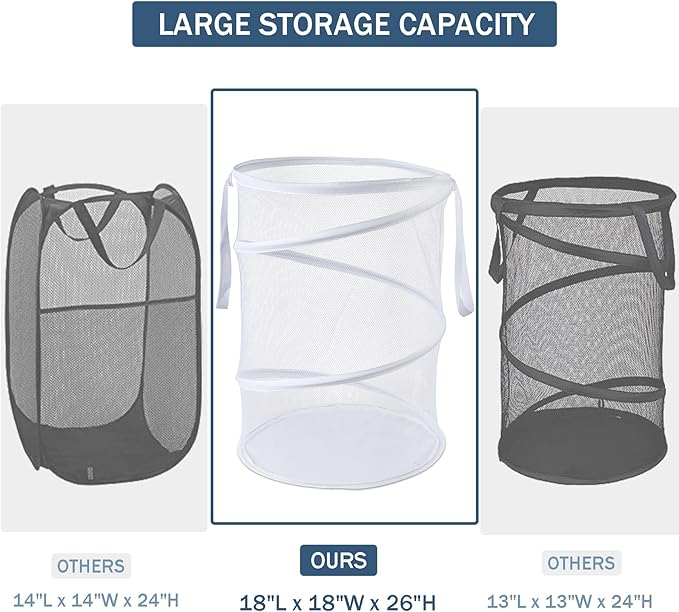 Mesh Popup Laundry Hamper 115L Collapsible Laundry Basket Extra Large Capacity Foldable Clothing Storage Basket with Handles No Lid 26 H x 18 W x 18 L (White)