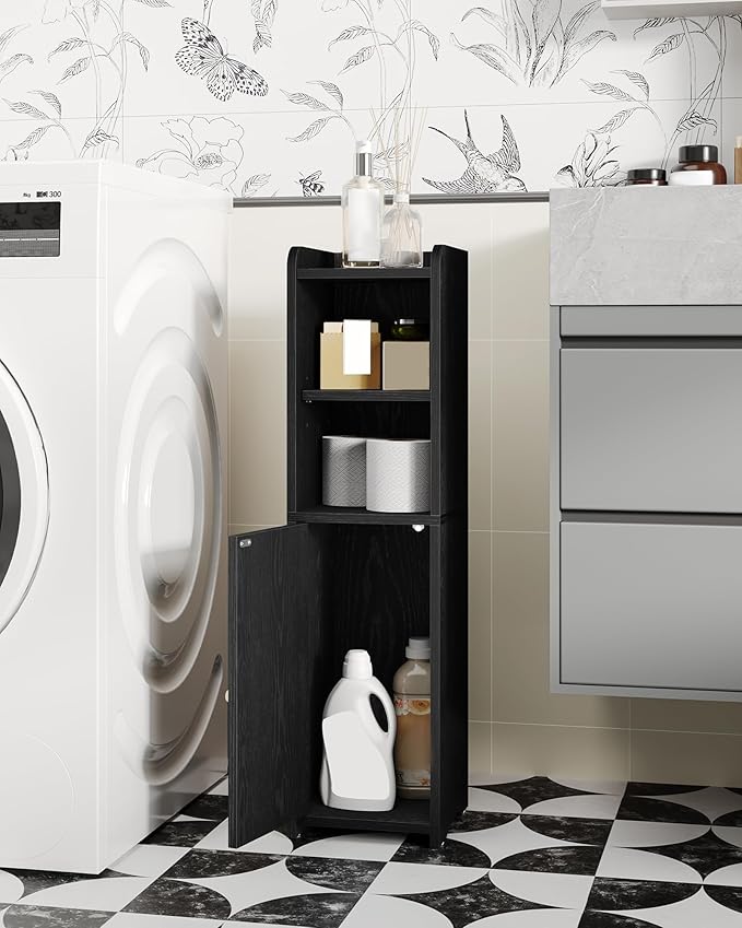 Bathroom Storage Cabinet, Corner Floor Cabinet with Doors and Adjustable Shelf, Narrow Toilet Paper Cabinets, Bathroom Organizer for Small Spaces, Black, BC19704X