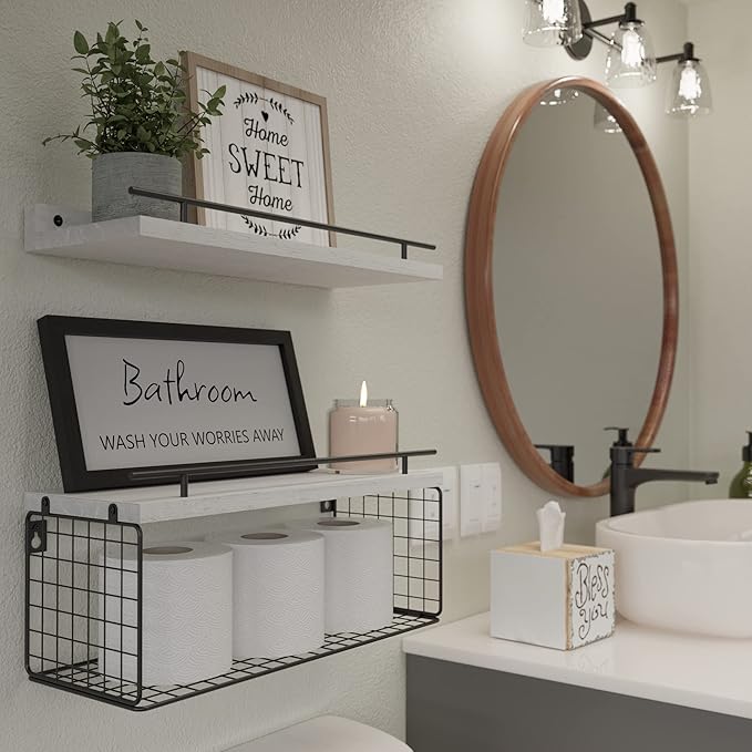 WOPITUES Floating Shelves for Wall Decor Sign, Bathroom Organizer and Storage, Bathroom Shelves Over Toilet with Metal Guardrail-Modern White