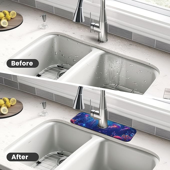 Faucet Draining Mat For Kitchen Sink, Ocean Jellyfish Corals Diatom Mud Absorbent Drain Pad For Bathroom Kitchen Sink Splash Guard Drying Mat