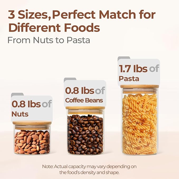 ComSaf Glass Storage Containers with Lids (0.6qt/1qt/1.5qt) Set of 6,Glass Pantry Storage Containers with Airtight Lid & lables for Dry Food, Snacks, Nuts, Stackable for Kitchen, Pantry Organization