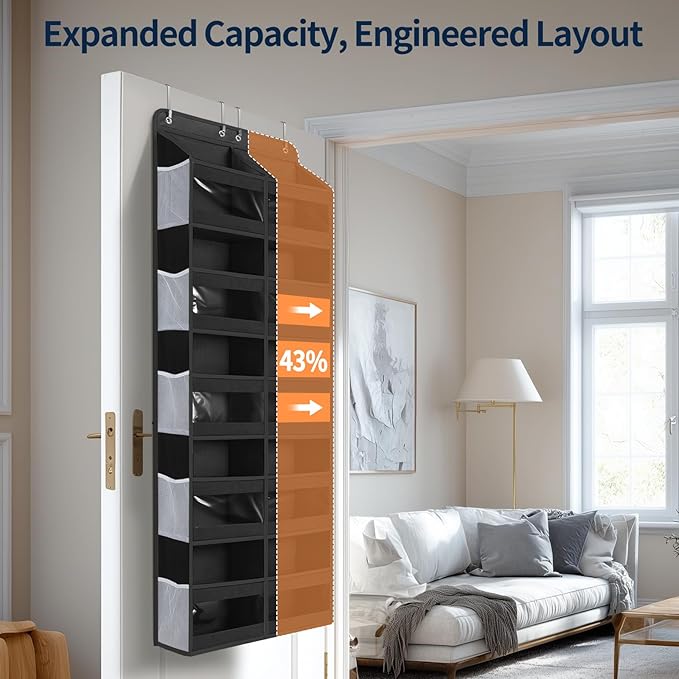 Yecaye 5-Tier Over The Door Organizer Dual-Column, 80lbs Load Over the Door Storage of 10 Compartments, Heavy Duty Door Organizer Hanging for Bedroom Closet Nursery Bathroom Pantry, Black, 2 Pack