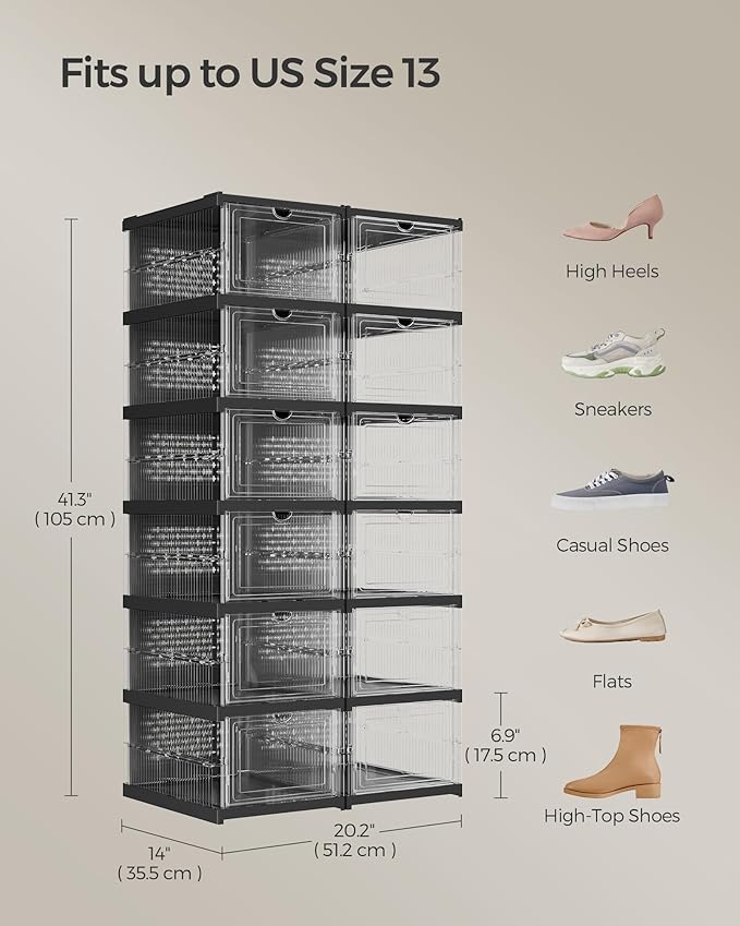 SONGMICS Foldable Shoe Boxes, Pack of 12 Stackable Shoe Storage Organizer, Set of 2 Integraed Shoe Cabinets, Portable, Fit up to US Size 13, 60s Assembly, Transparent and Ink Black ULSP206B01