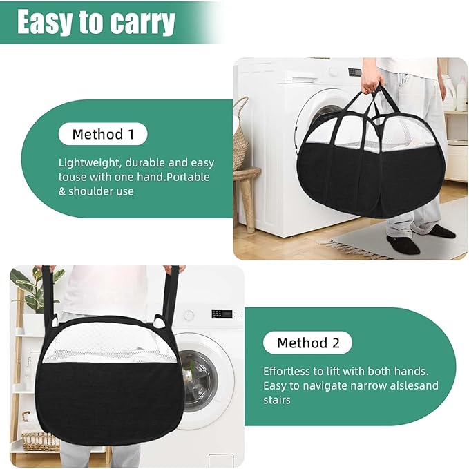 Collapsible Laundry Baskets, Tear Proof Pop Up Laundry Hamper with Large Capacity, Sturdy Foldable Laundry Basket, Easy to Carry Laundry Hamper for Home, Laundry Room, Bedroom, Dorm, Travel Black