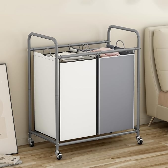 SUOERNUO Laundry Hamper Basket 2 Bag Laundry Sorter Cart with Rolling Lockable Wheels and Removable Bags Laundry Organizer Cart for Clothes Storage (Grey+Beige, 2 Bags)