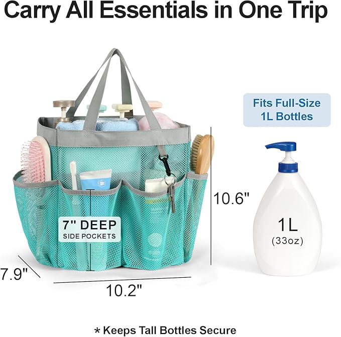 F-color Mesh Shower Caddy Portable - 2 Handles Upgrade Deeper 7 Pockets Basket Bag Tote for College Dorm Room Toiletry Bathroom Essentials Gym Camp Quick Dry with S Hook, 2 Pack Mint Green