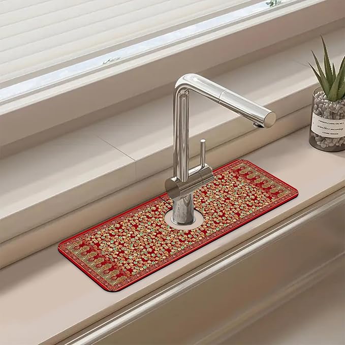 Sink Splash Guard Faucet Mat Red Retro Boho Flowers Absorbent Fast Drying Mat Sink Gadgets Splash Guard Behind Faucet Drip Catcher for Kitchen Bathroom 15.5"X5.5"
