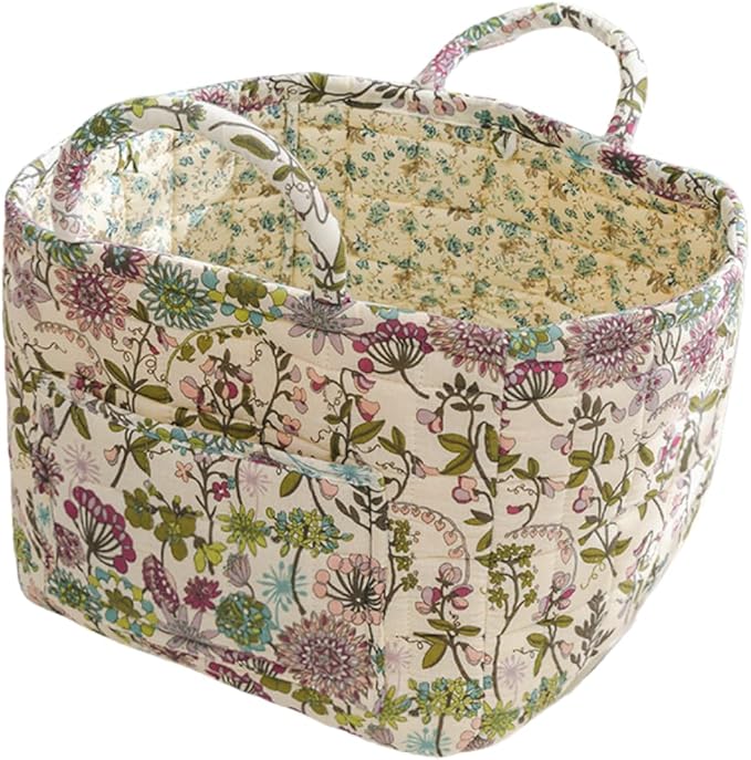Quilted Fabric Storage Basket with Handles – Boho Foldable Floral Organizer Bin for Home, Picnic, Shopping, Travel 13"x11"x10" (Vintage Garden)