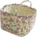 Quilted Fabric Storage Basket with Handles – Boho Foldable Floral Organizer Bin for Home, Picnic, Shopping, Travel 13"x11"x10" (Vintage Garden)