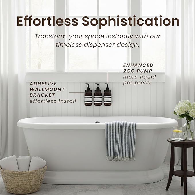 MaisoNovo Shampoo and Conditioner Dispenser - Shower Soap Dispenser Wall Mounted - 16.9 fl oz Set of 3 Amber Plastic Bottles Black Pump - 3 Chamber No Drill