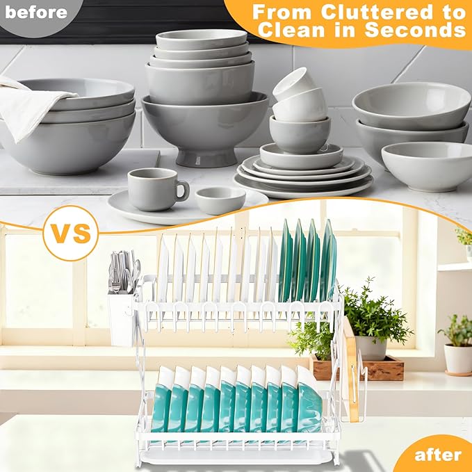 2-Tier Dish Racks for Kitchen Counter, Large Dish Drainers for Kitchens Counter Stainless Steel Kitchen Dishes Drying Rack, Space Saving Dishes Strainer for Bowl, Plate, Cup - Modern Counter Organizer