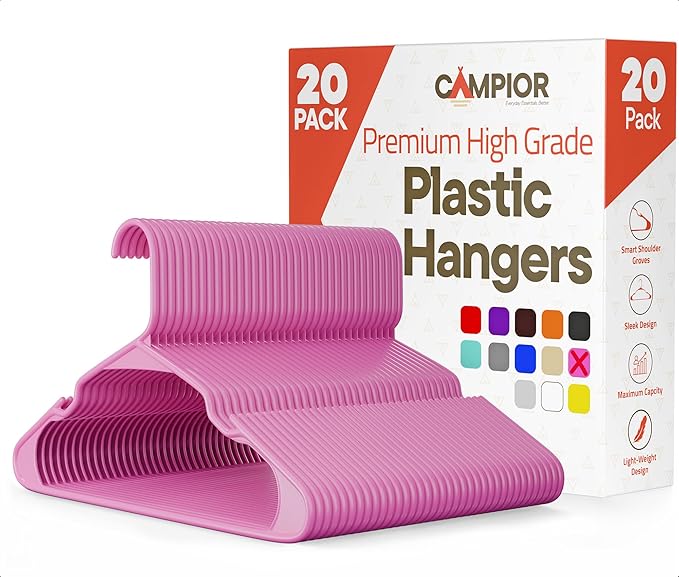 Pink Plastic Hangers 20 Pack– Heavy-Duty Plastic Hangers Slim and Space-Saving, Durable and Lightweight PP with Non-Slip Shoulder Notches for Slip Dresses, Suits, Jackets & Camisoles